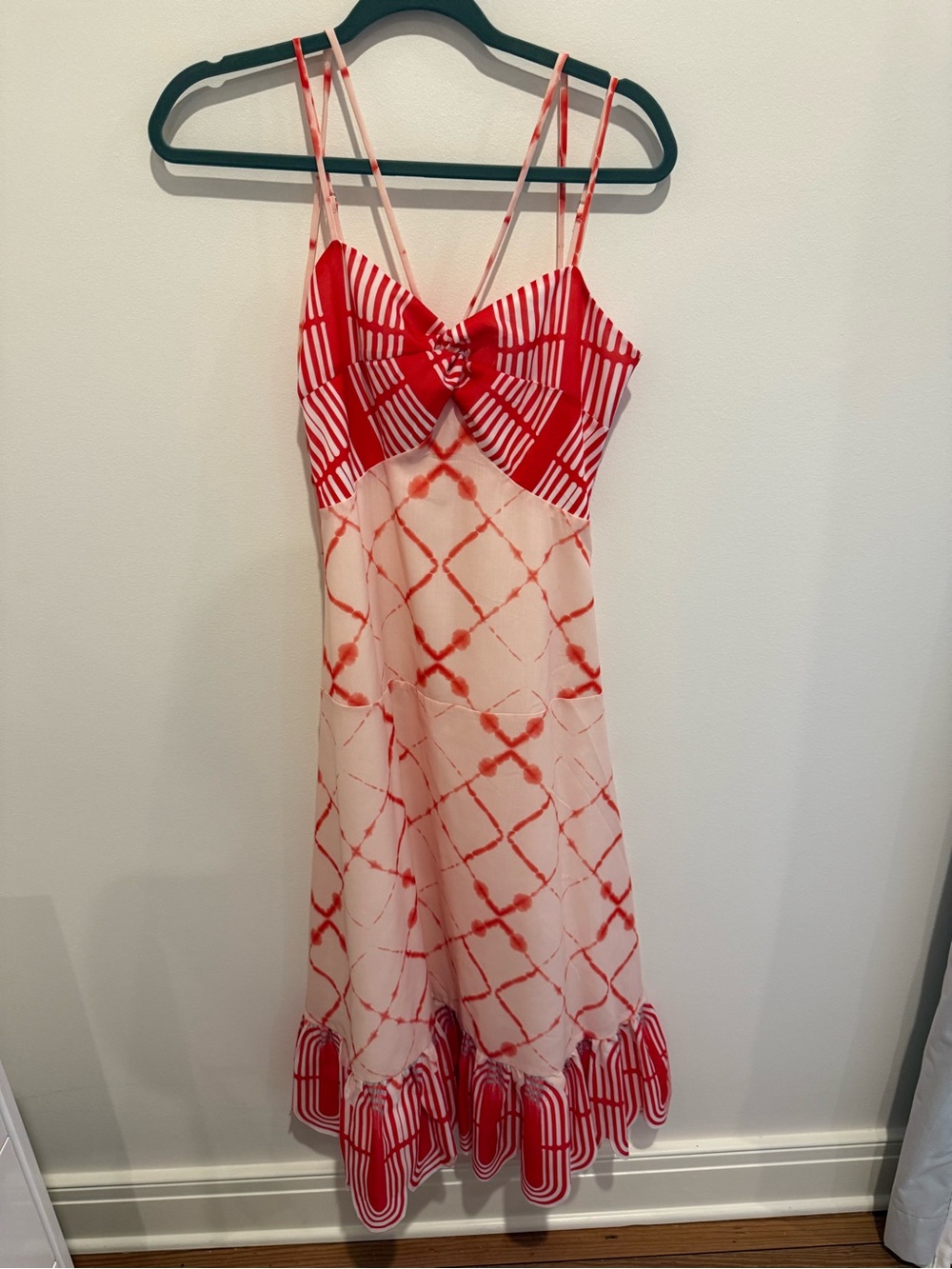 Red and Cream Tie-Dye Maxi Dress with Knot Front